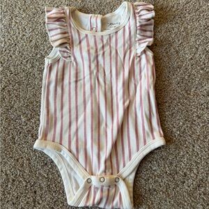 Pehr Pink and White Striped Ruffle Bodysuit